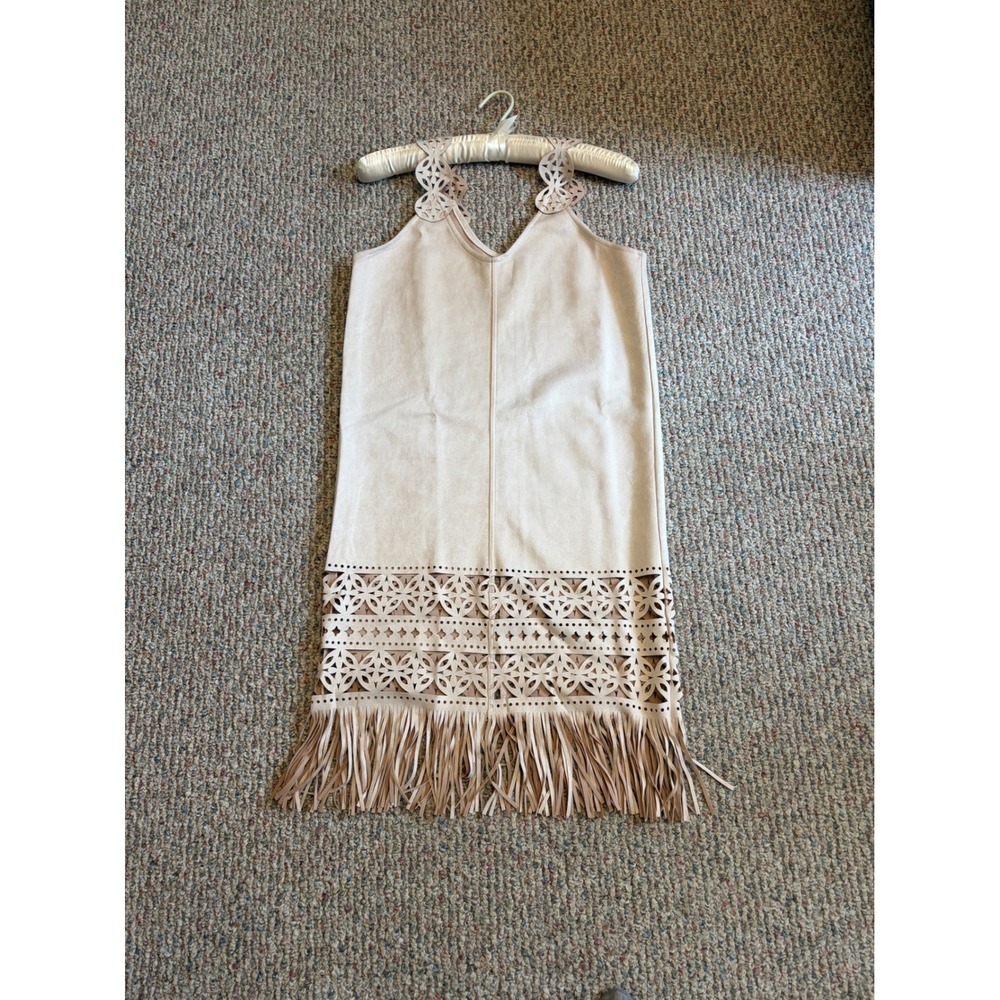 I. Madeline Tan Faux Suede Fringe Laser Cut Shift Dress Beige Medium NWT - Picture 5 of 8